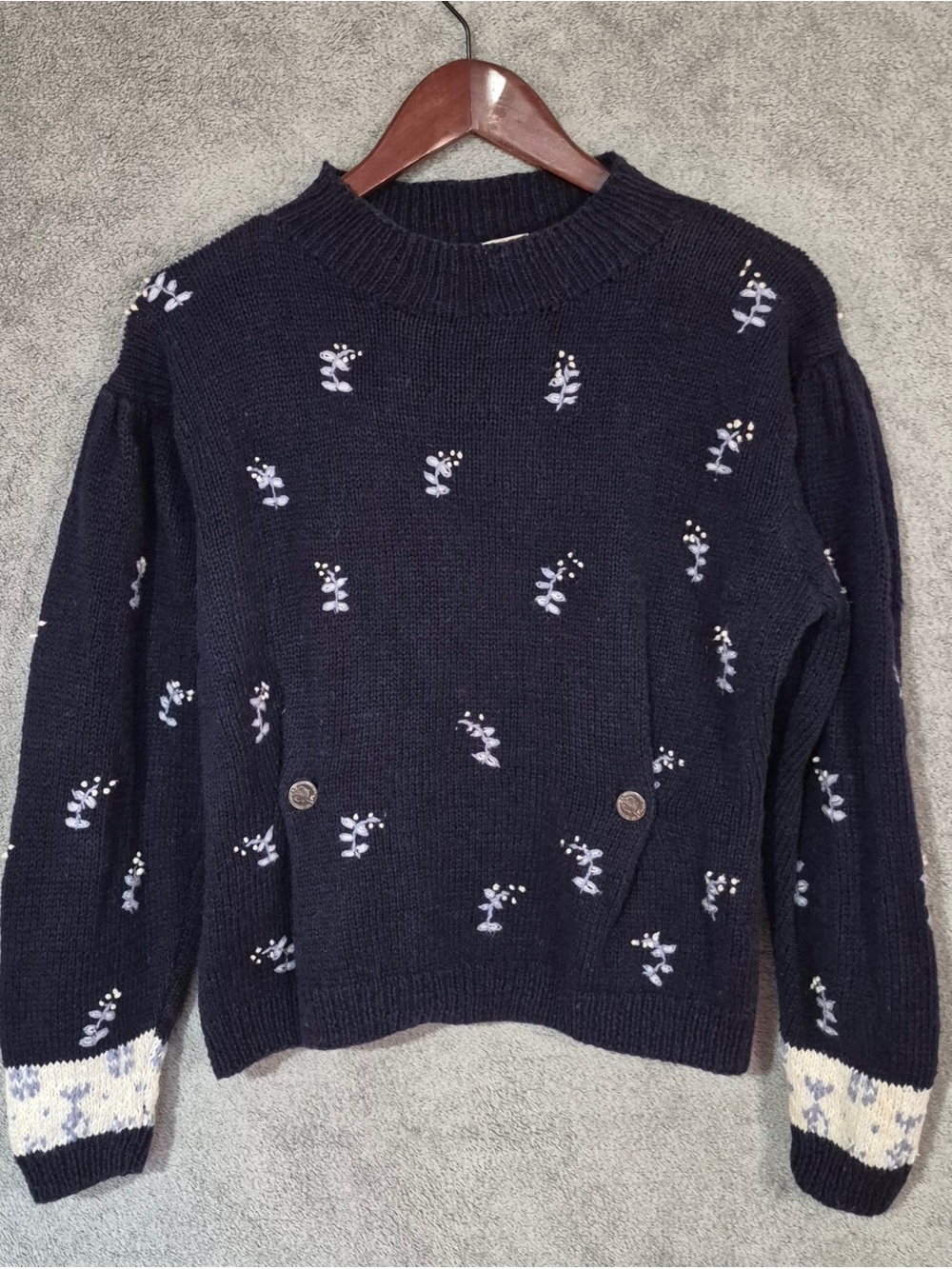 Women’s Jennifer Reed Navy Floral Handknit Cottagecore Knit Sweater